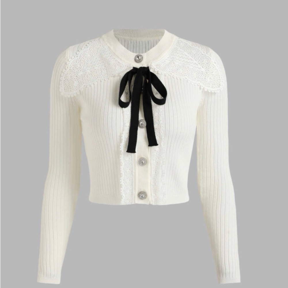 Cider White Lace Cardigan with Black Bow